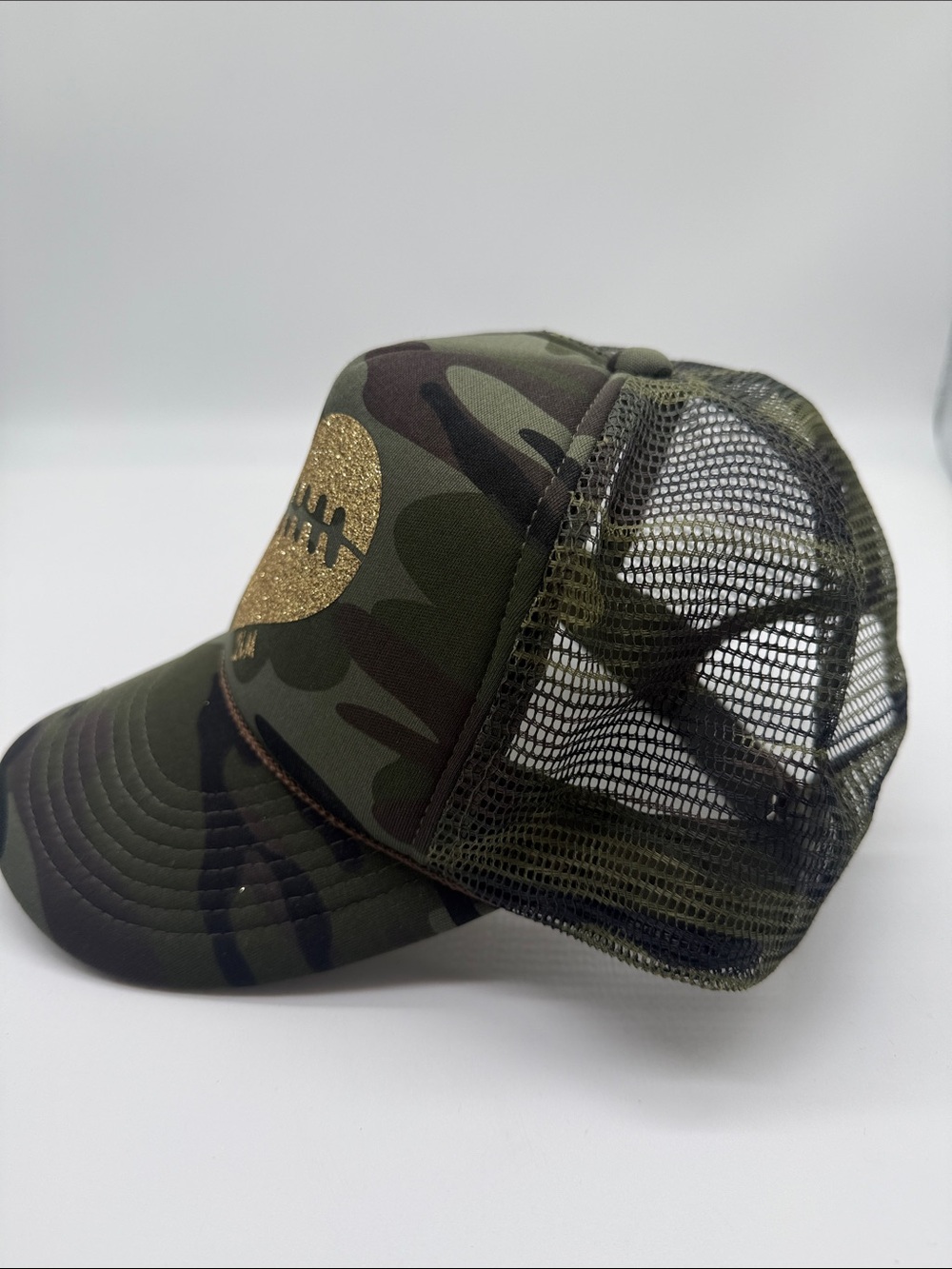 Camo Camouflage Green Gold Glitter Heart Football Trucker Adjustable Hat Cap - Picture 5 of 8